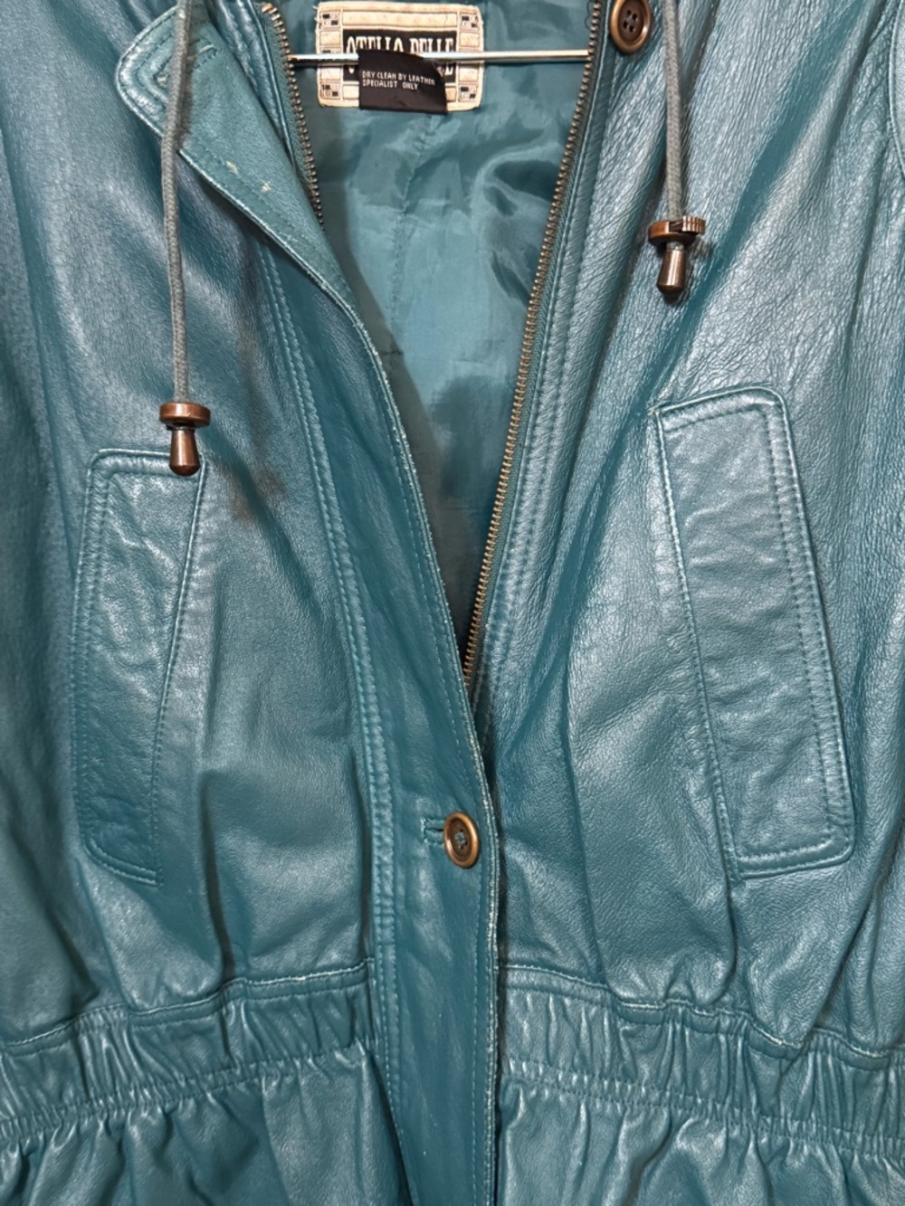 Otello Pelle Vintage Women’s XS Teal Leather Hooded Jacket Funky 80s 90s - Picture 4 of 9